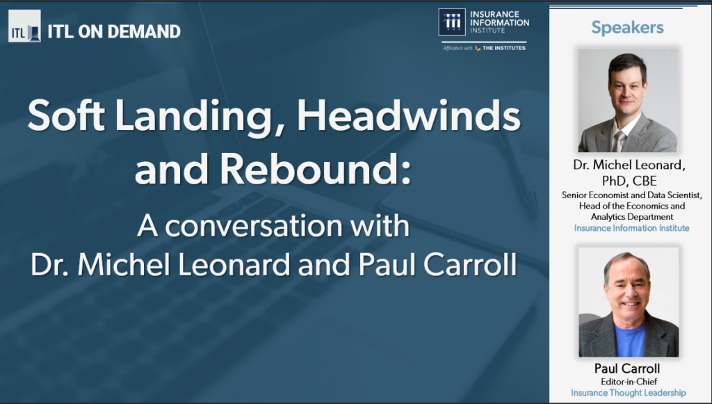 Blue background with white text of webinar soft landing, headwinds and rebound image. A conversation with Dr. Michel Leonard and Paul Carroll. 