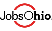 the jobs ohio logo. "jobs ohio" in black font surrounded by a red circle