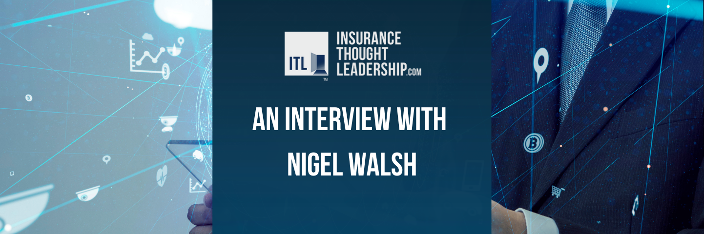 A graphic reading "an interview with Nigel Walsh" it is white text on a dark blue background and a image representing automation