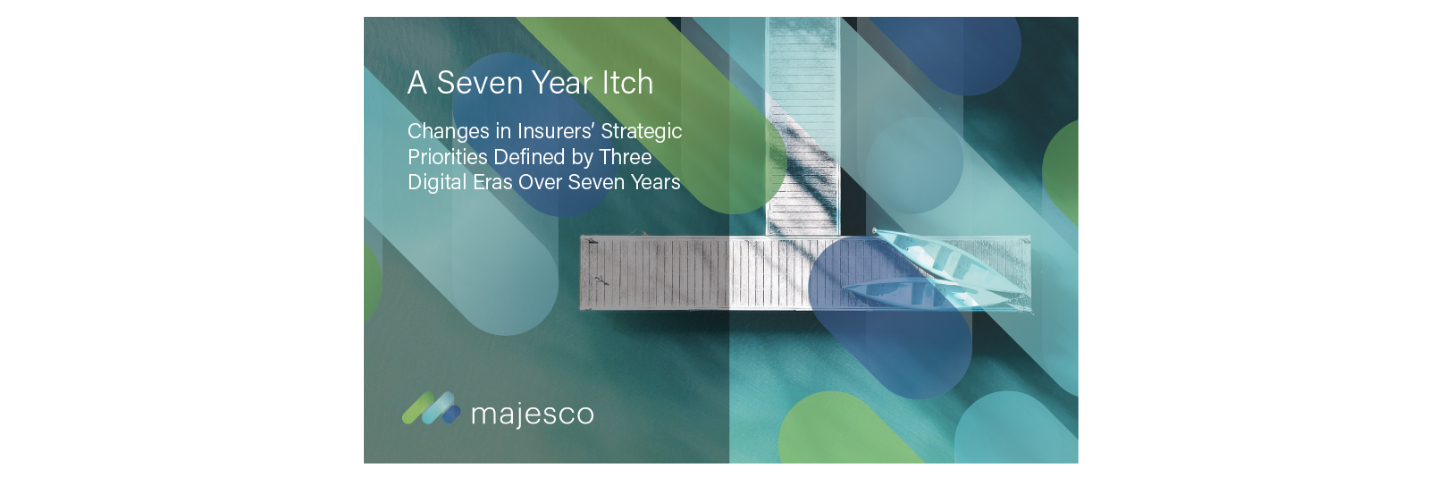 A graphic that depicts  a dock with two kyacks on it. The image is covered with light blue, dark blue and light green overlay and the majesco logo. The text reads 'a seven yuear itch: changes in Insurers' Strategic Priorities Defined by Three Digital Eras Over Seven Years' 