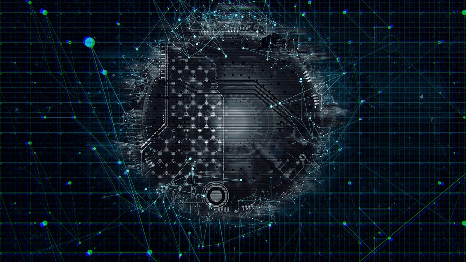 A graphic of connected nodes surrounding computer hardware