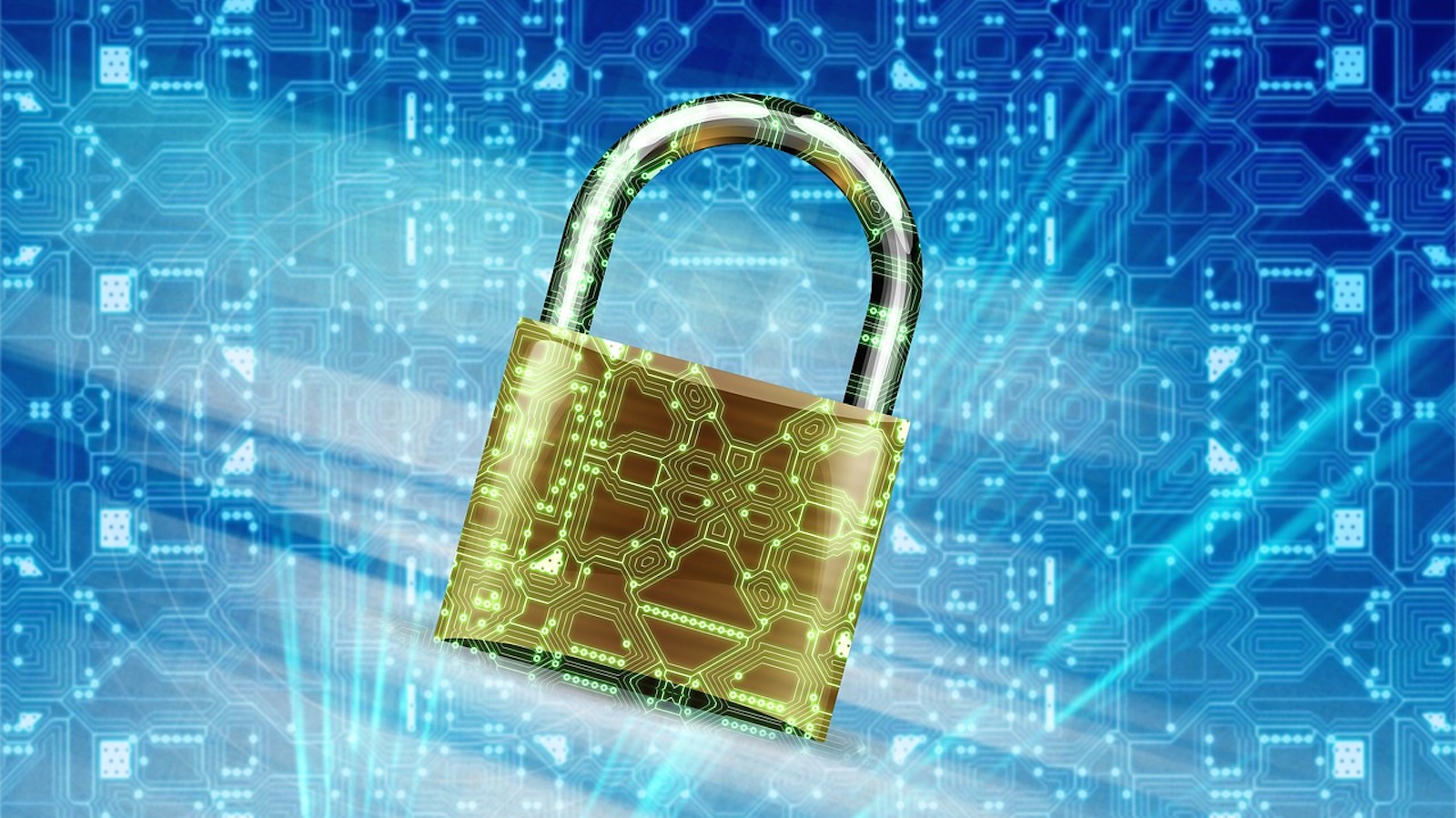 A gold lock atop a blue background with elements of data