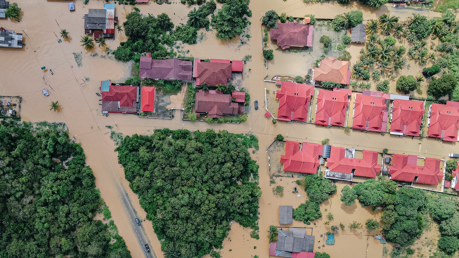 Aerial shot of a flooded town 