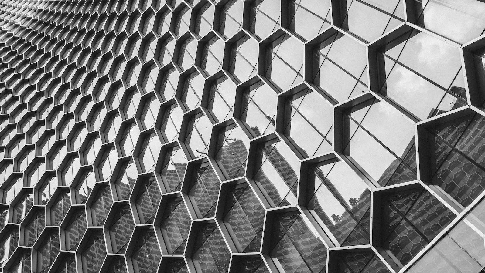 Greyscale architectural photo of a glass building with hexagons