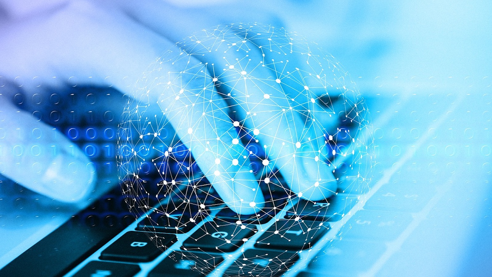 light blue colored photo showing a hand on a laptop computer typing with a a blockchain globe overlayed