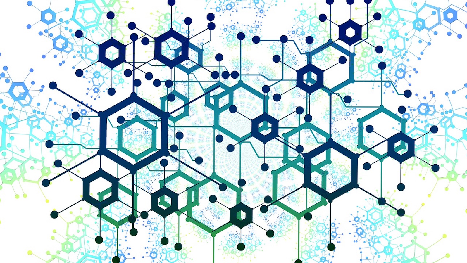 blue and green hexagons that are connected across a white background