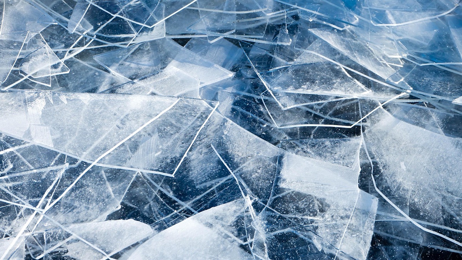 Pieces of ice frozen on a body of water and broken into pieces