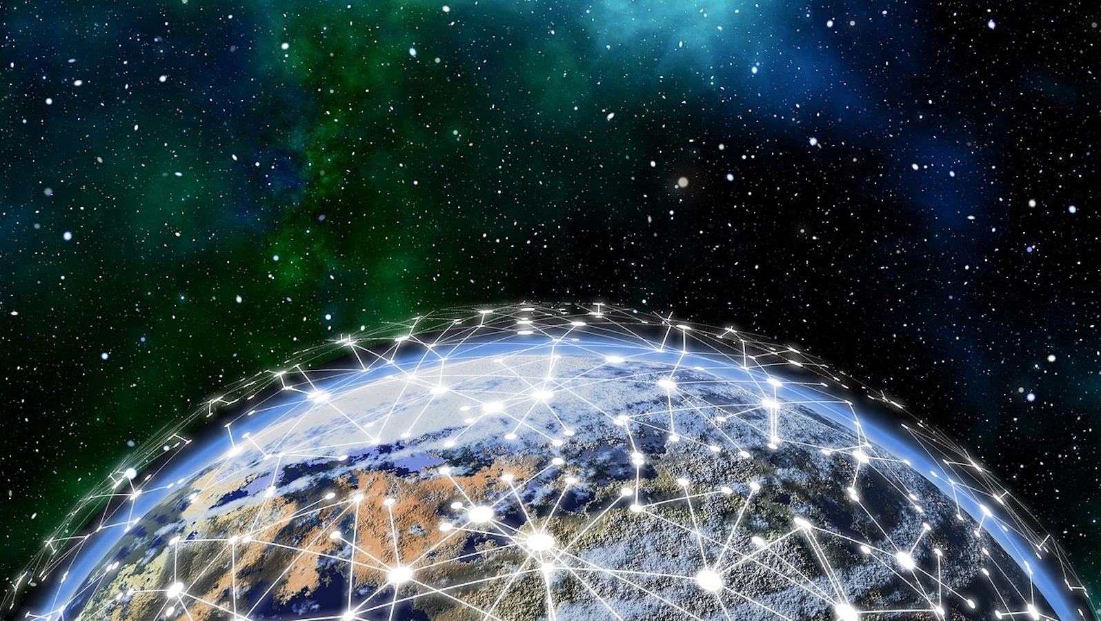 An image showing Earth from outer space with connected lines across the top showing blockchain