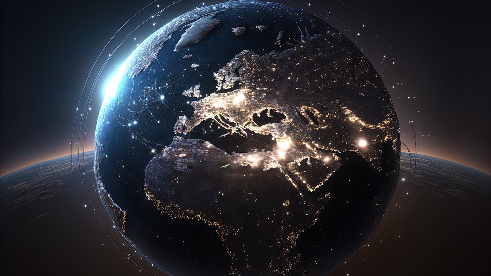 Outer space view of Earth partially lit up and with lines across the globe indicating connectedness