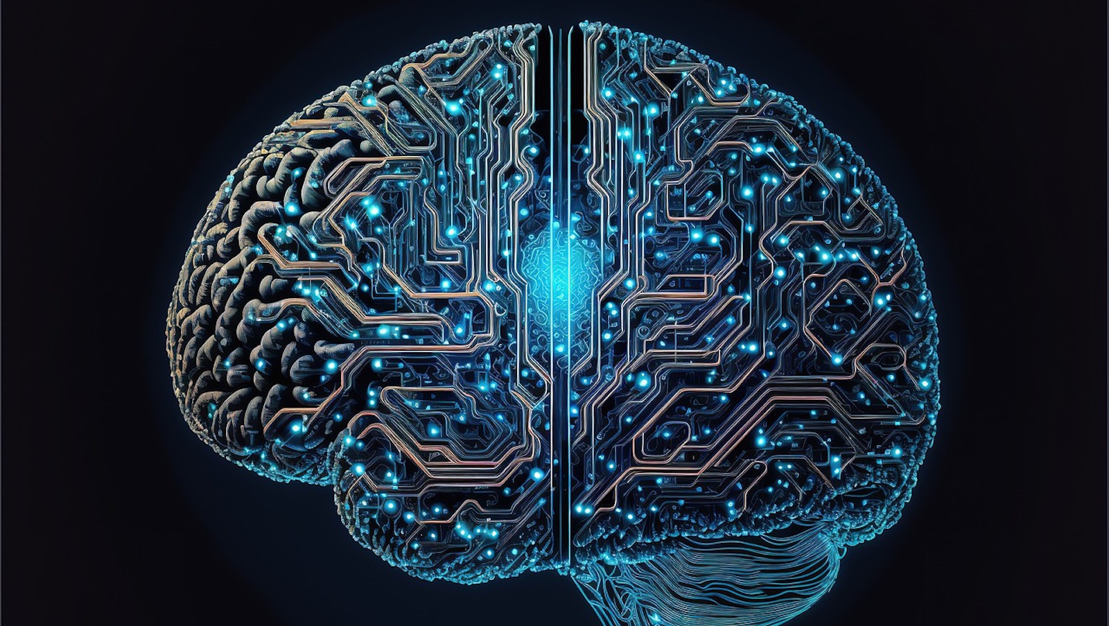 Cyber brain showing innerworkings on a black background