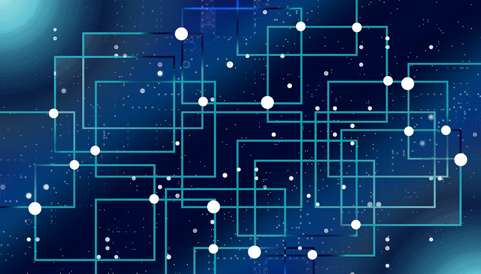 an interconnected series of lines that form squares with white dots at certain places against a gradient blue background