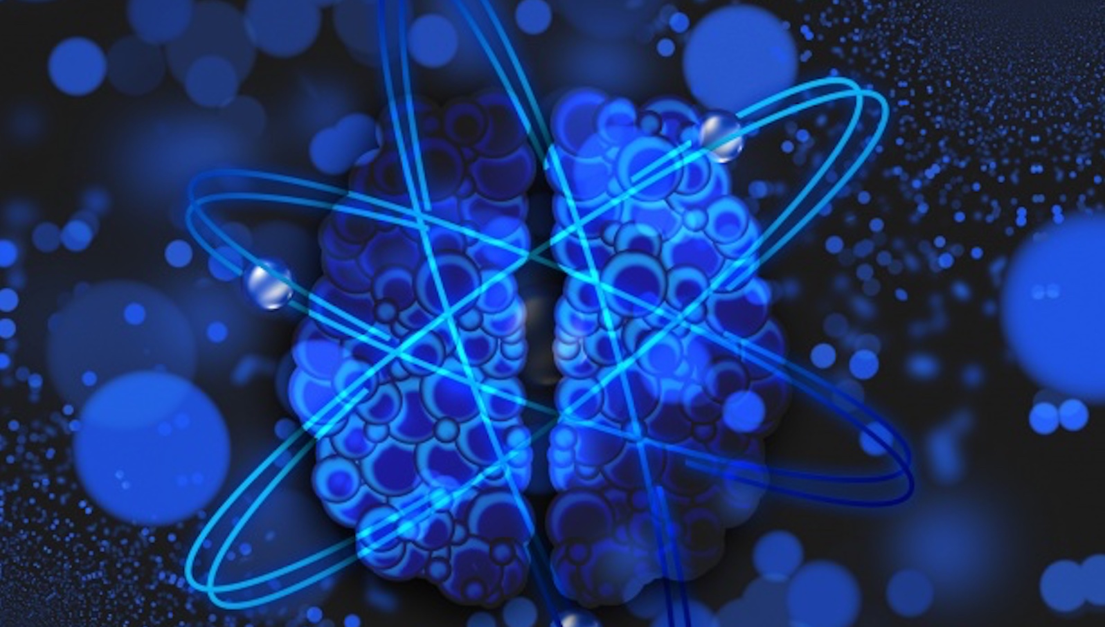 A blue brain with neurons surrounding it and blue energy balls against a black background