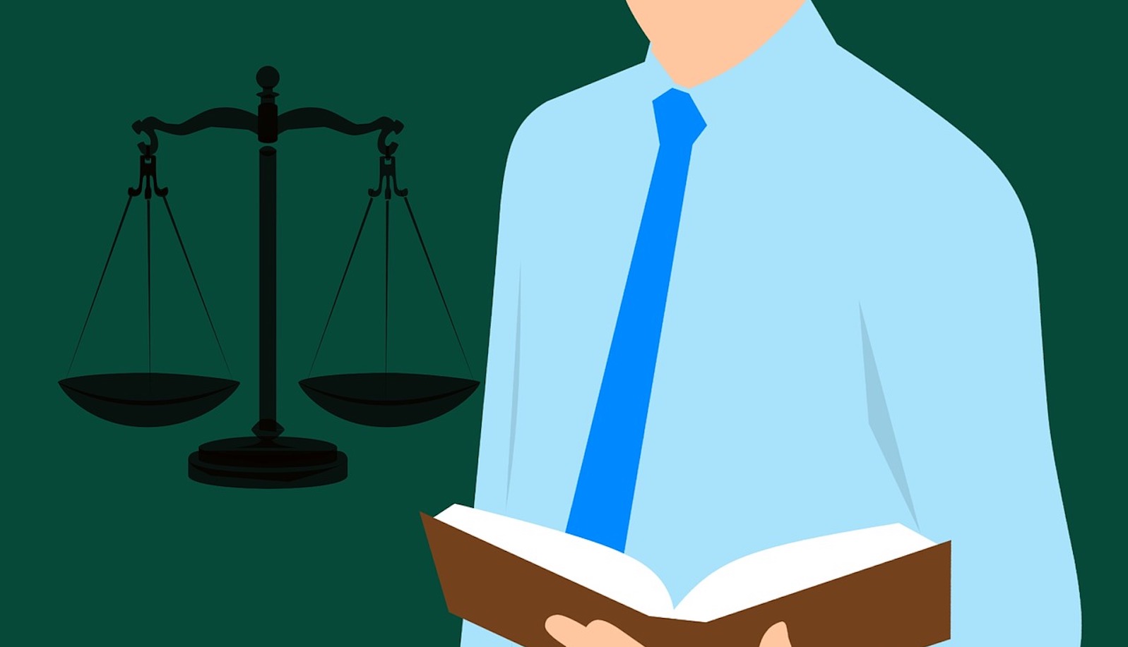 Animated image of a person in a blue shirt and tie holding a law book with a balance scale in the background