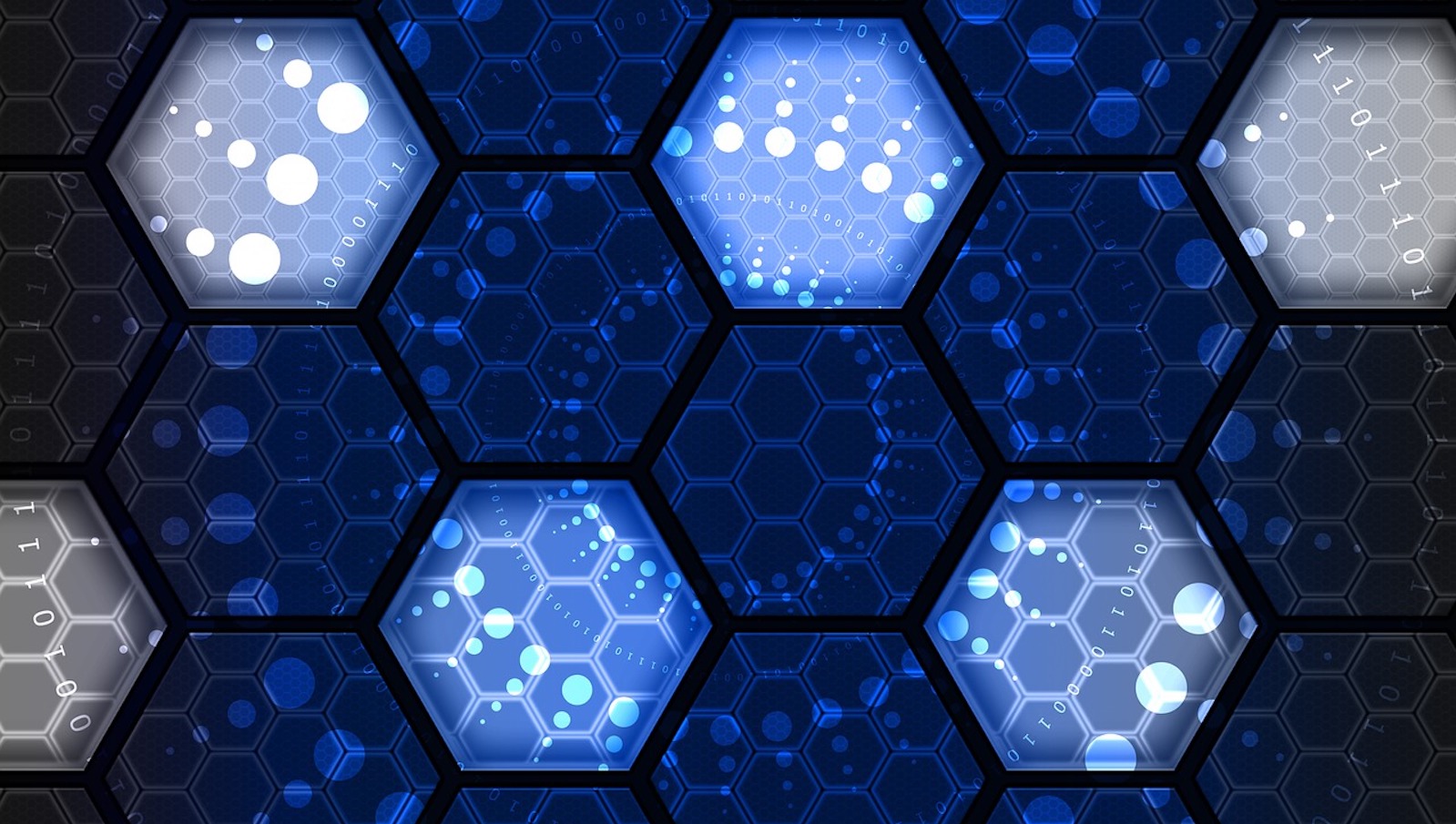 Dark blue and light blue small honeycombs in large honeycombs representing digital and technology