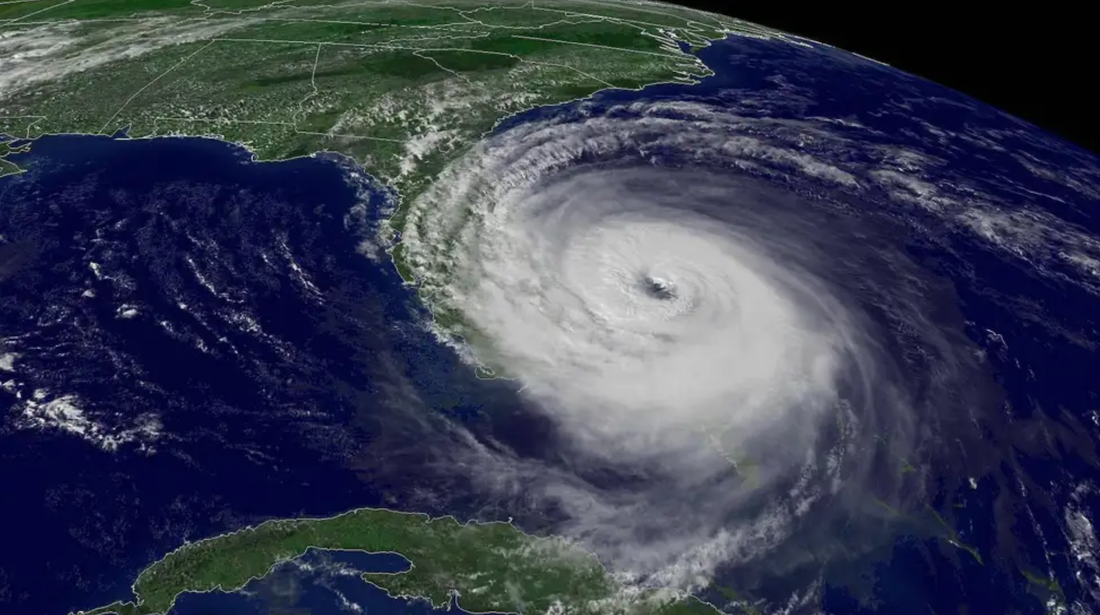 Overhead view of a hurricane approaching the coast of Florida