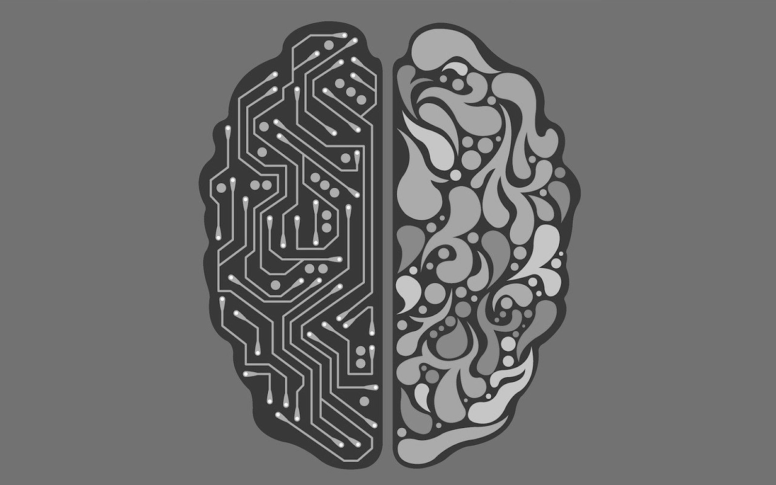 Two halves of a brain -- one showing a typical brain and the other showing artificial intelligence -- all against a grey background