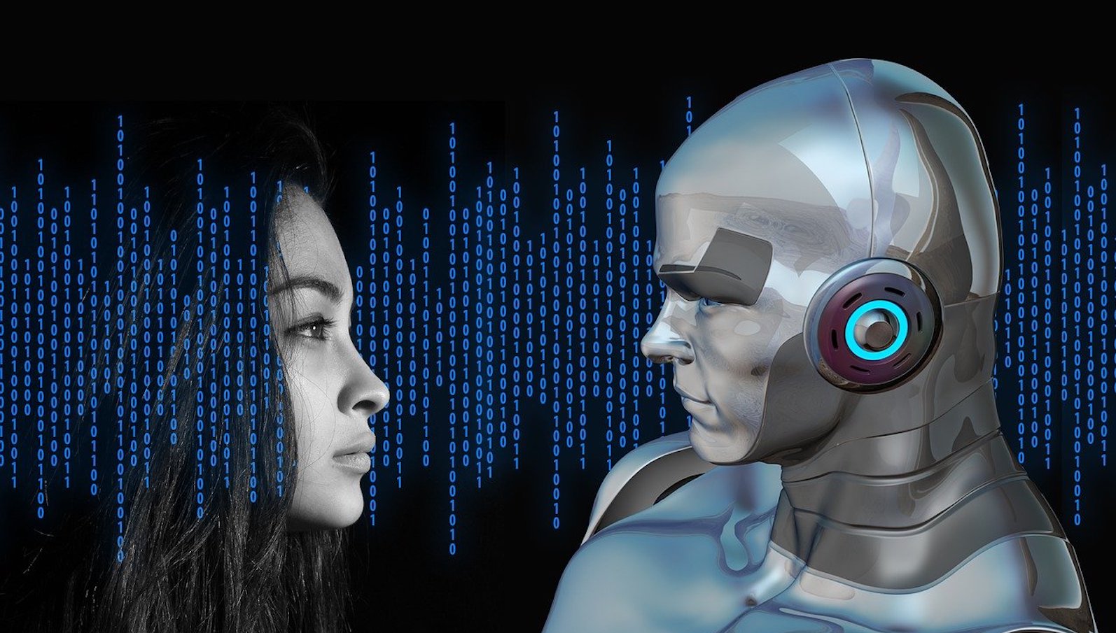 A hologram of a woman and an artificial intelligence robot looking at each other set against a black background with blue binary code