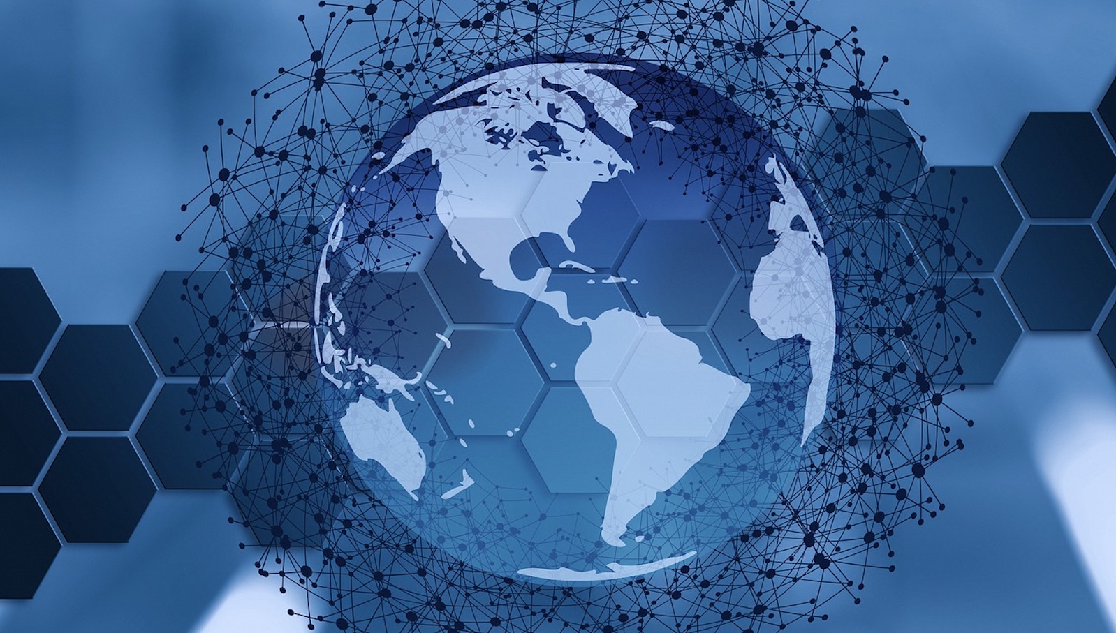 A blue and white globe in the middle of the screen surrounded by interconnected lines against a blurred pattern also with navy hexagons