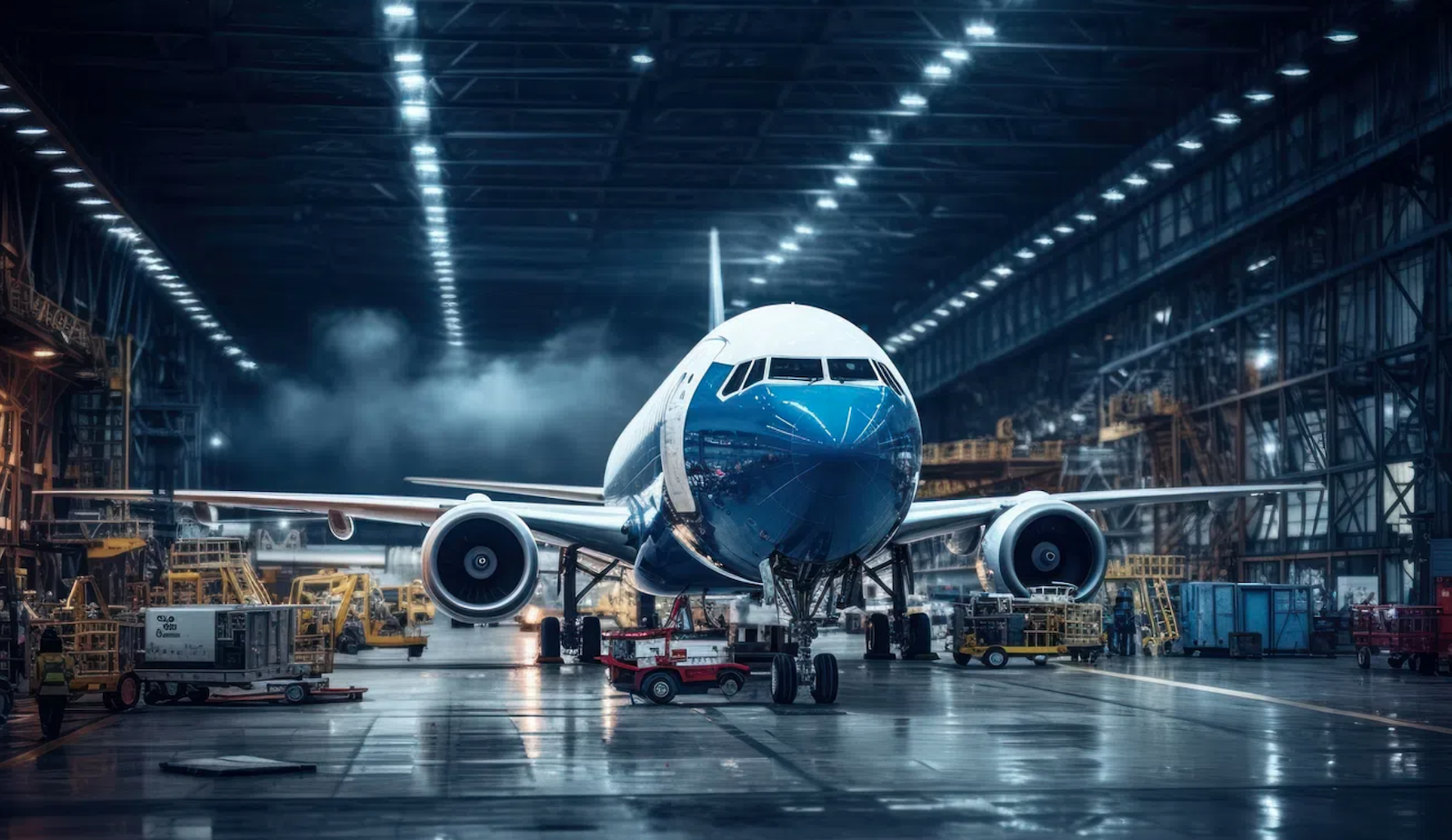 A blue and white plane in a factory under lights and with yellow moving vehicles around it