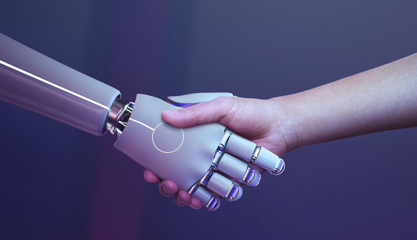 A robotic hand shaking a human hand against a blue/purple background