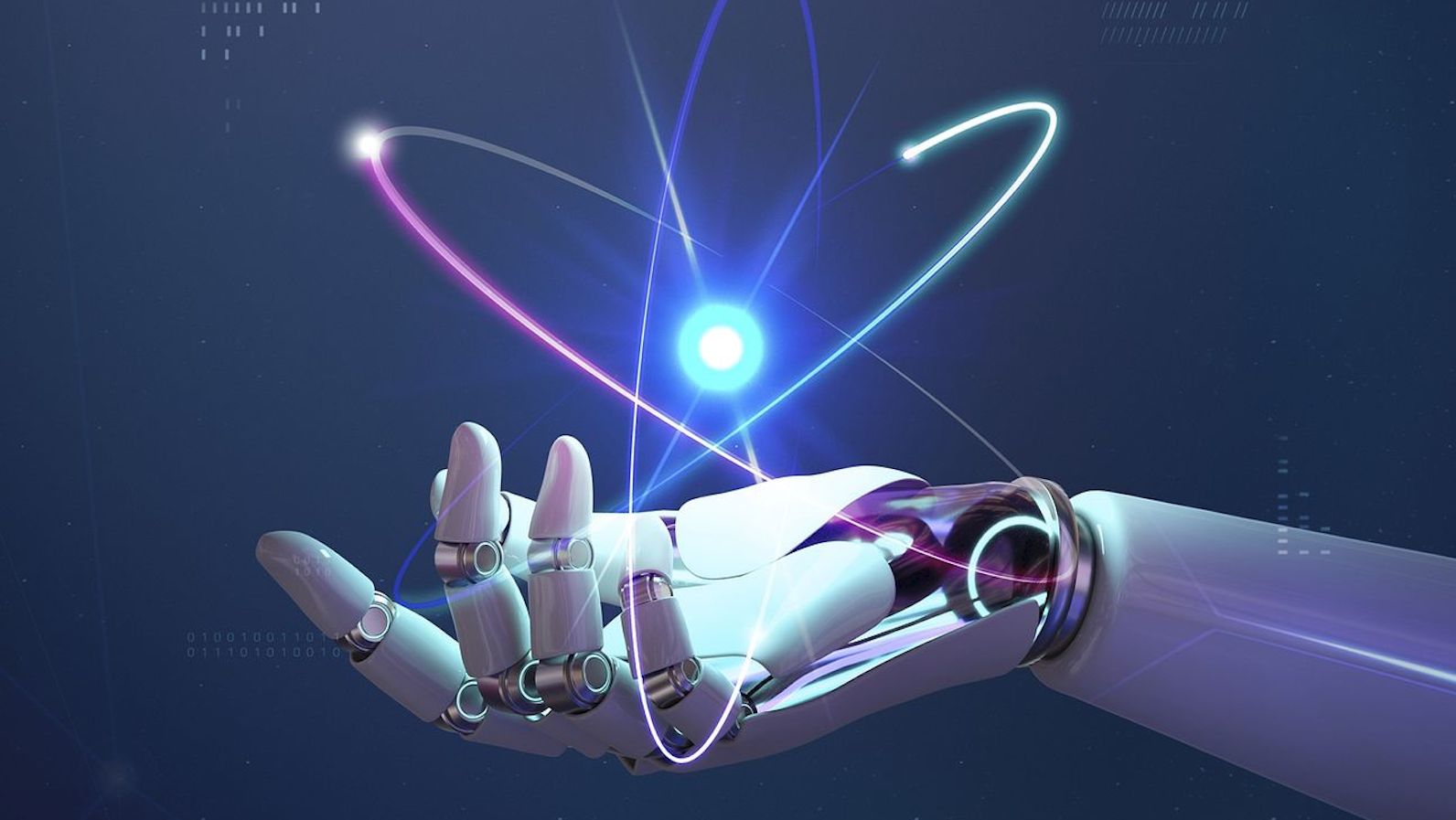 White robotic hand against a dark blue-ish gray background holding up a projection of a blue light with rings around it