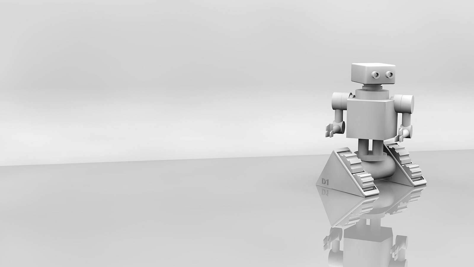 Computer rendered robot on plain white and gray background