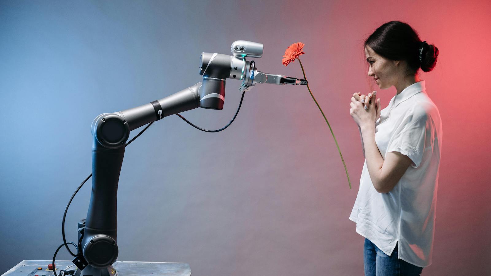 A Robot Holding a Flower giving it to a woman