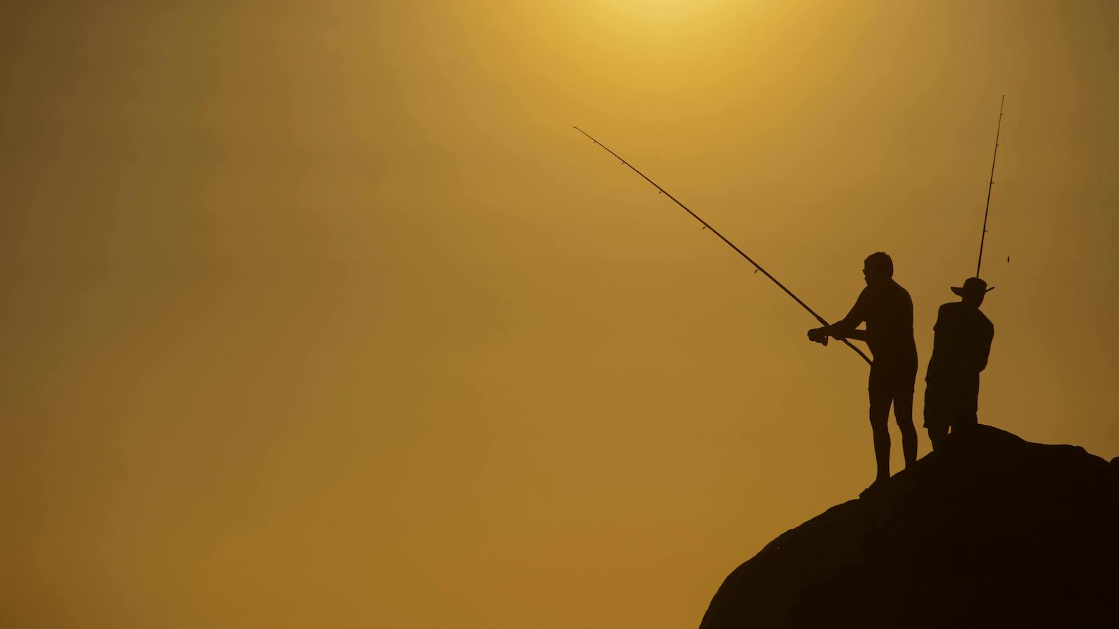 Silhouette Photo of Two Men Holding Fishing Rods Against Body of Water on Hill