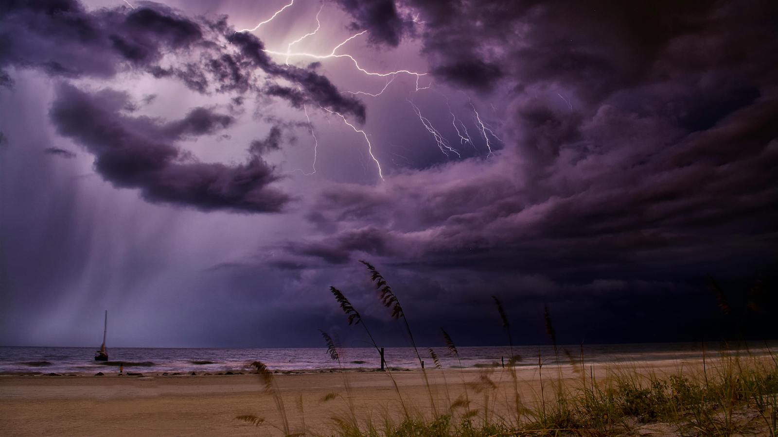 Lightning strikes and purple sky on a seashore