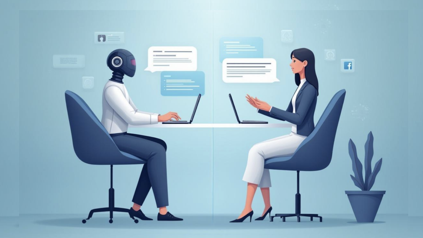 Drawing of robot and human facing each other with laptops and speech bubbles