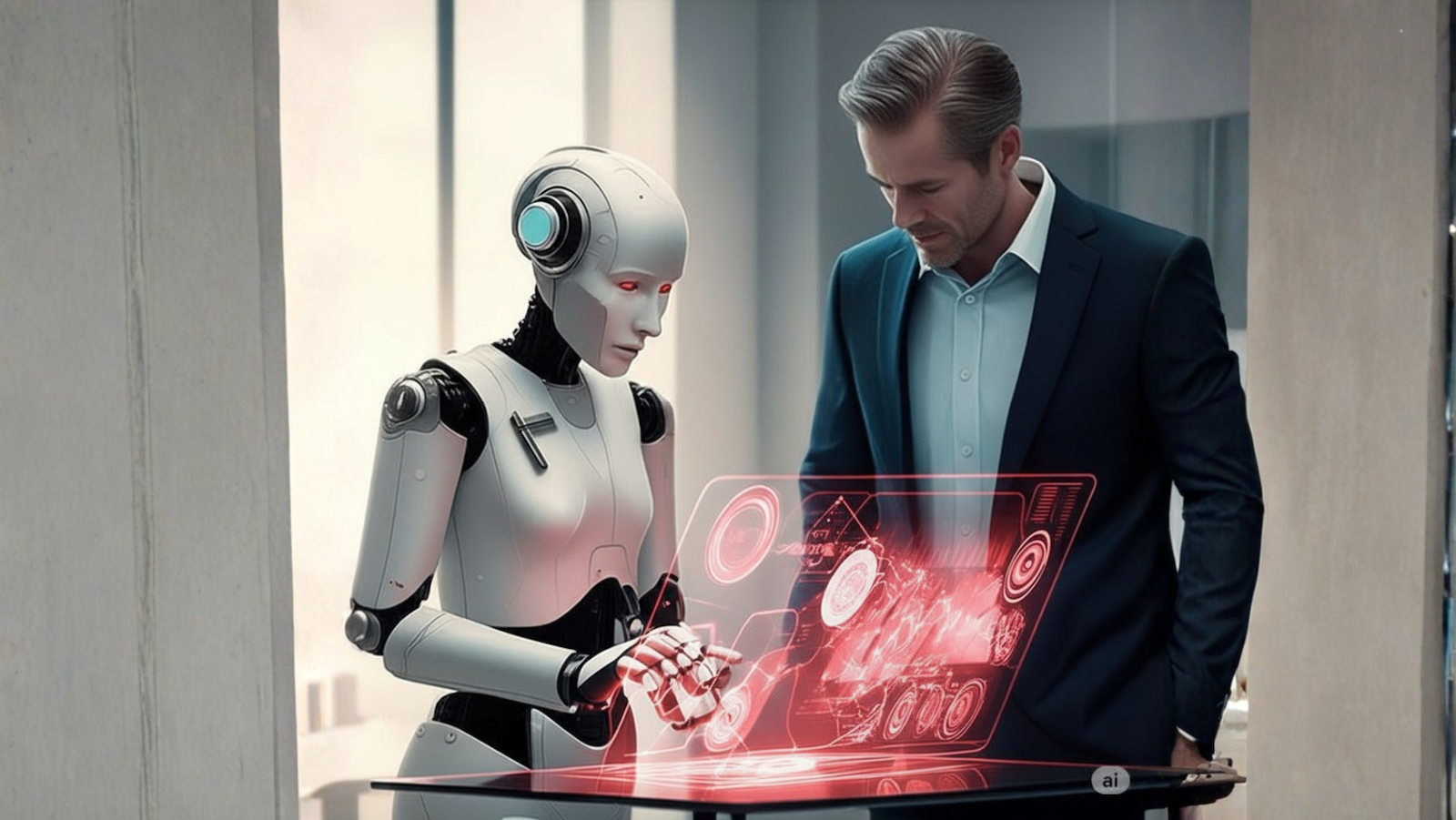 Robot and Human overlook hologram projection