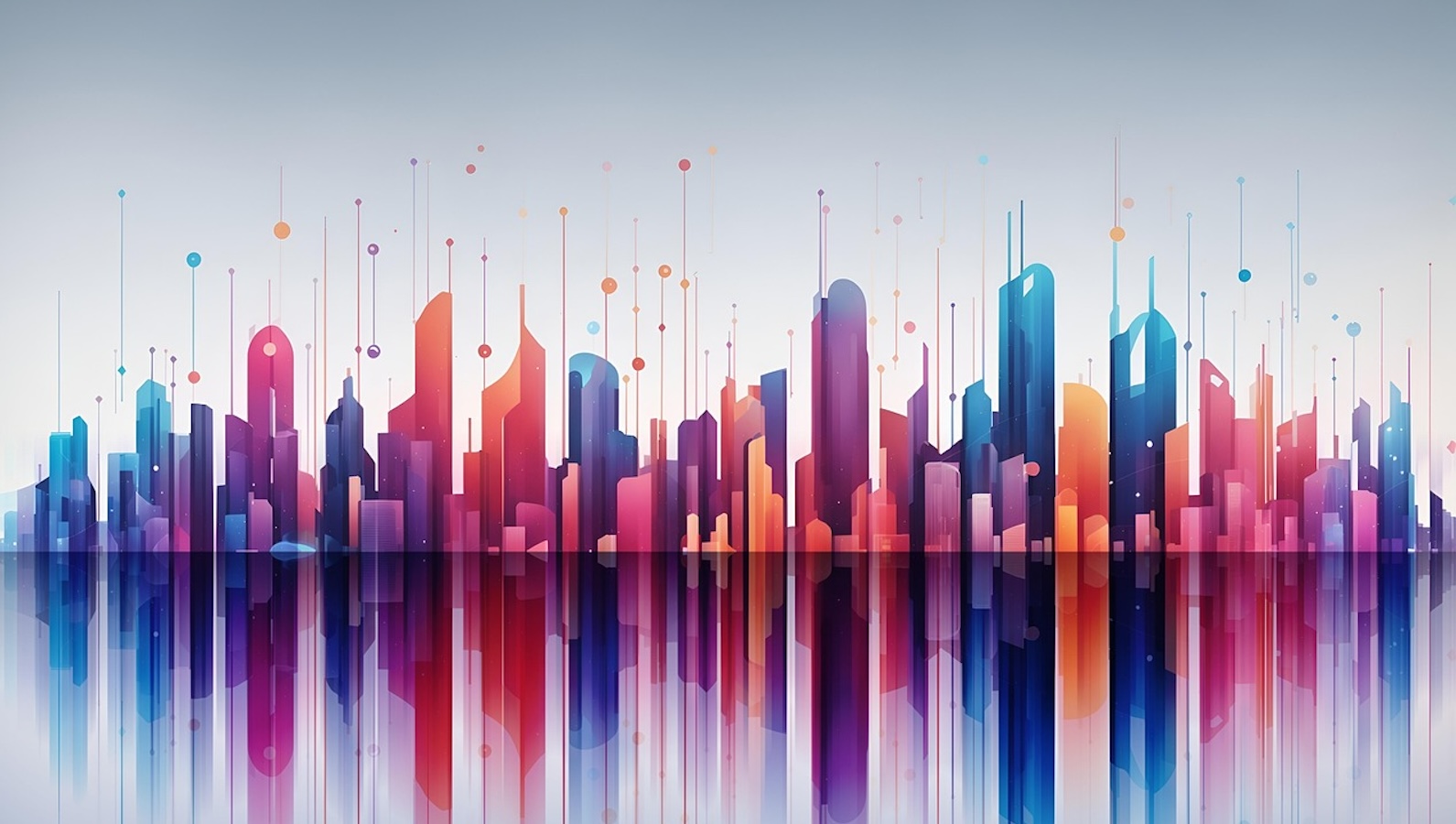 Graphic of a skyline where all the buildings are different colors and there are data points above the buildings