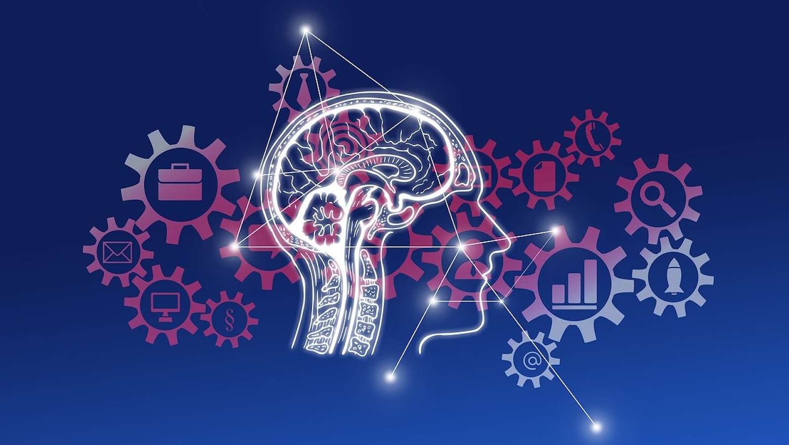 Side profile of a human's brain and face outline against a blue background with gears