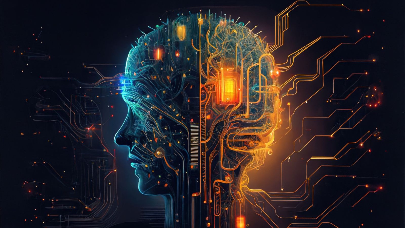 Side profile of a robot head showing innerworkings of brain and artificial inteligence
