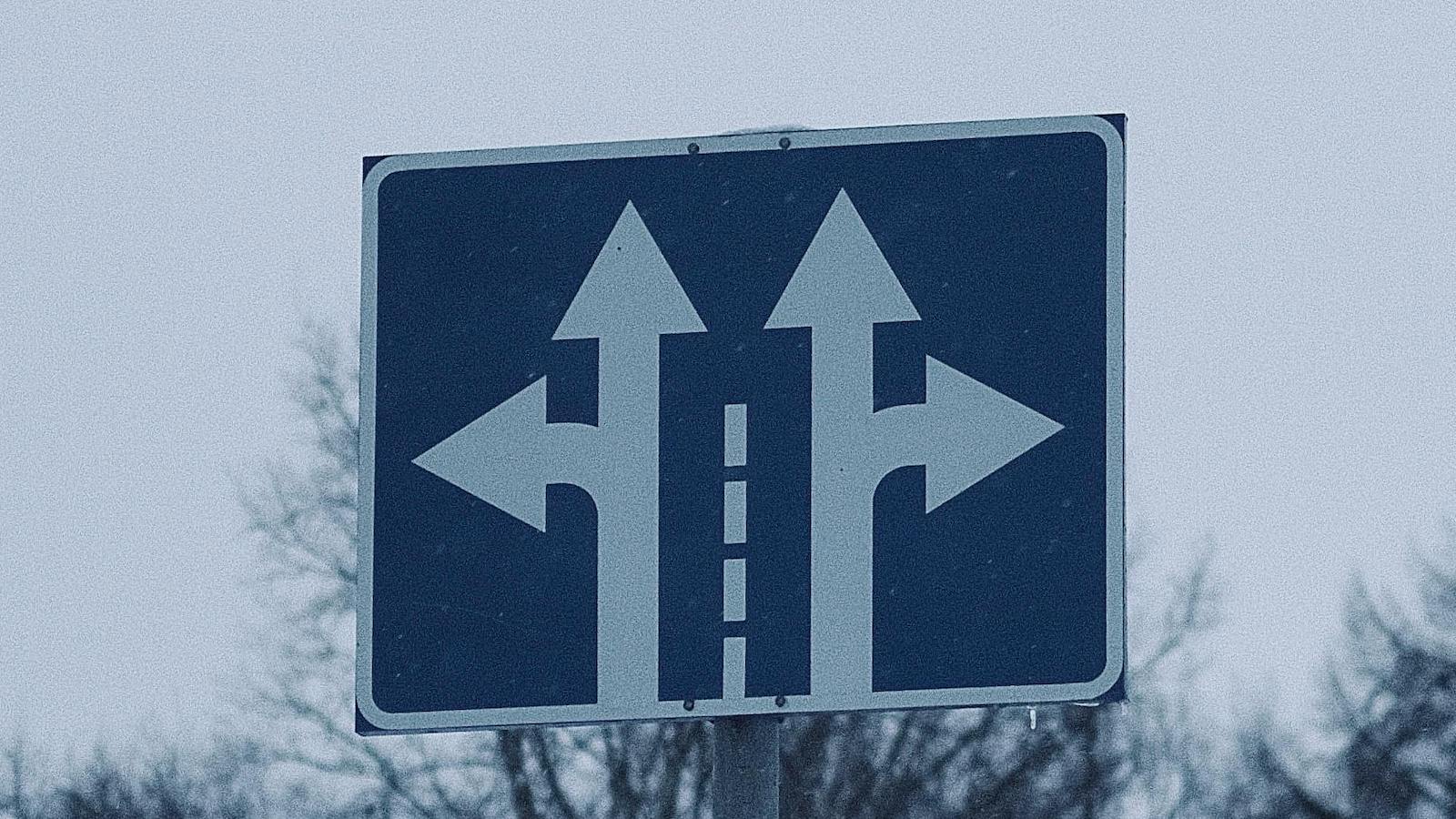 Directional Road Sign Against Bare Trees in Winter