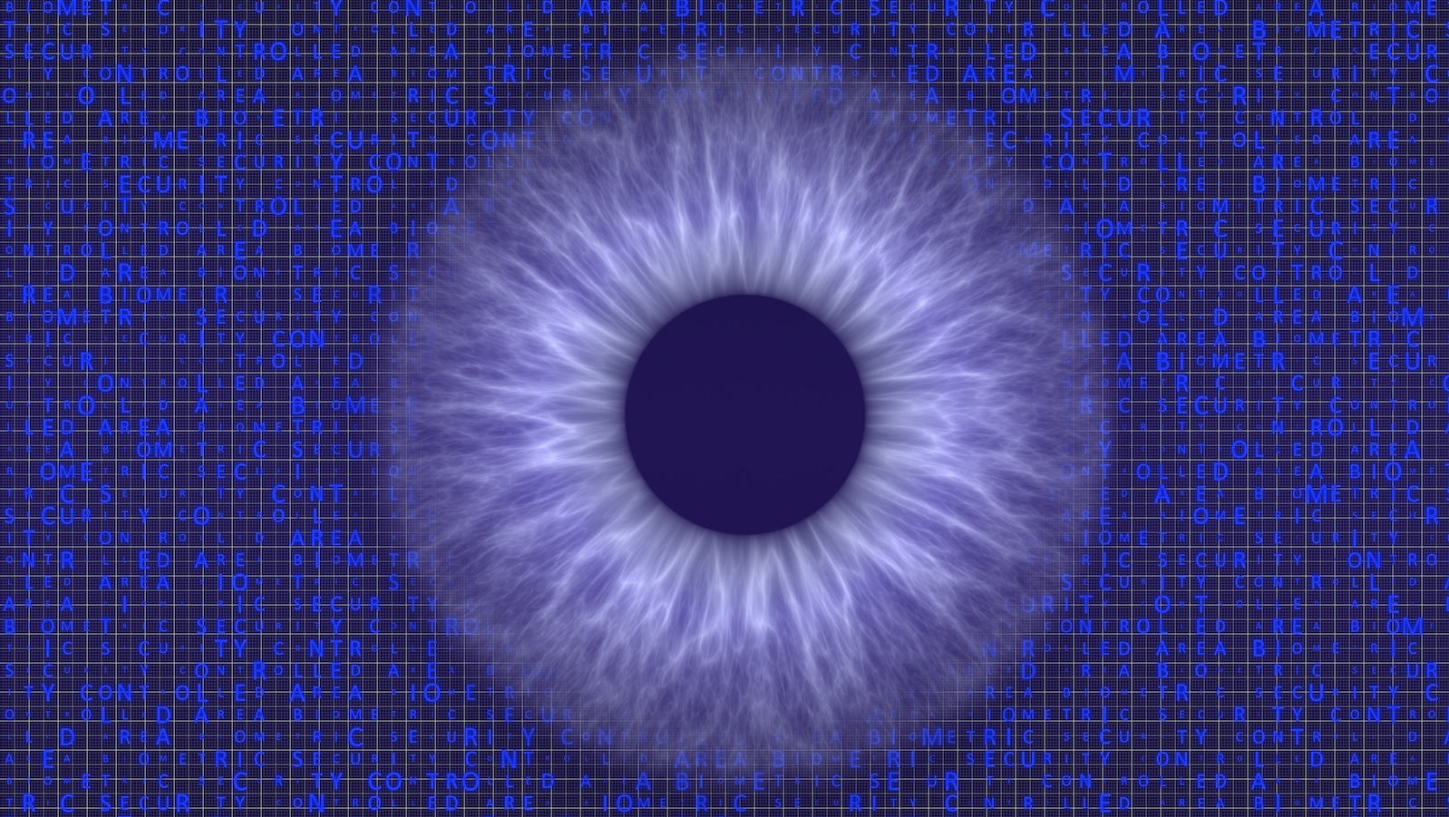 Large purple iris around a puli and purple background with writing biometrics