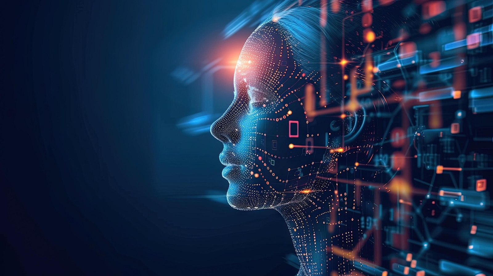 Side profile of an artificial intelligence face with data on the screen