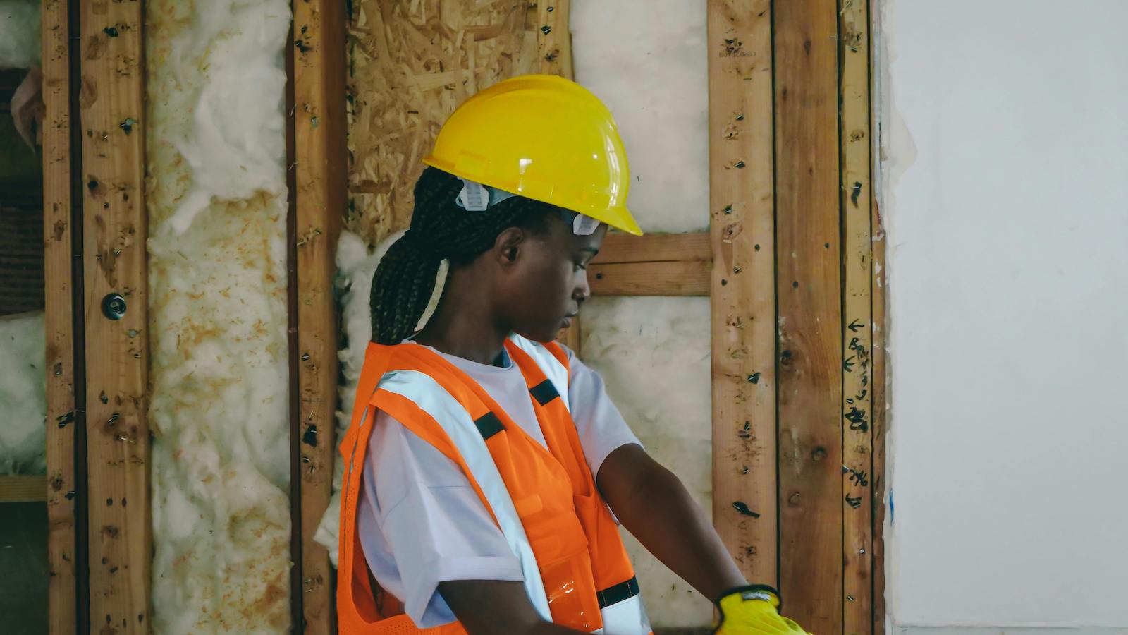 Construction worker in PPE hammering indoors on a renovation site.