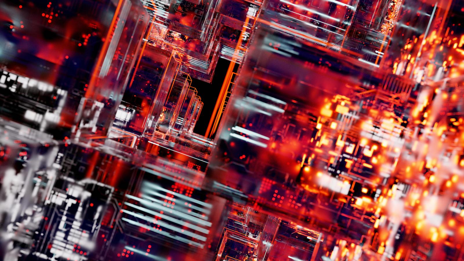 Intricate abstract visualization of digital circuit blocks with vibrant LED lights, showcasing technology and innovation.