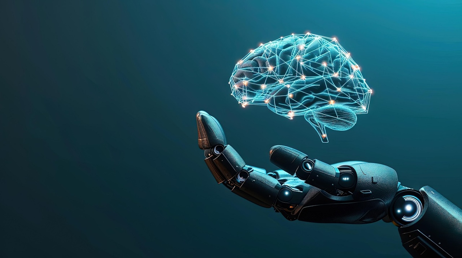 Robotic hand with its palm open holding a digital brain against a dark teal background