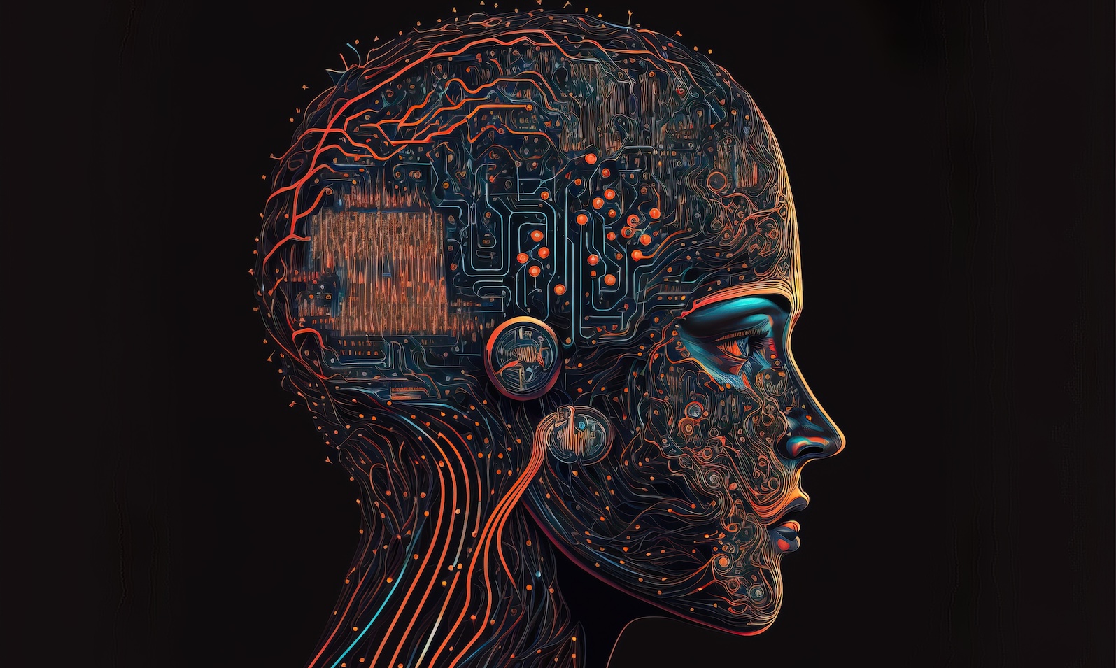 Side profile of an AI robot head against a black bacgkround