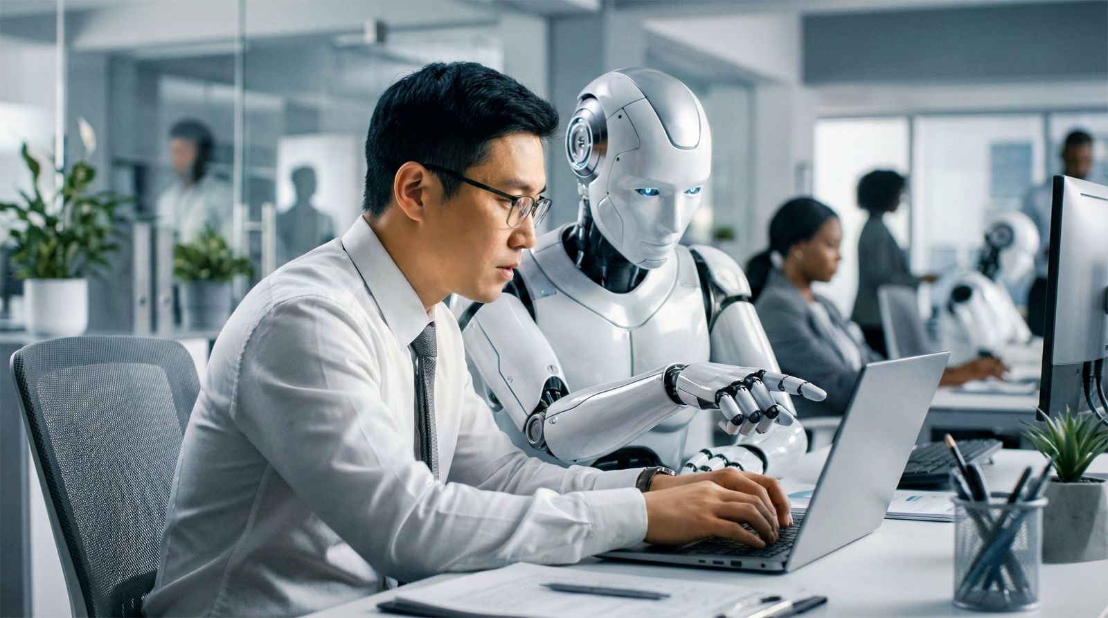 Man sitting at a desk with an AI robot next to him pointing at a computer screen