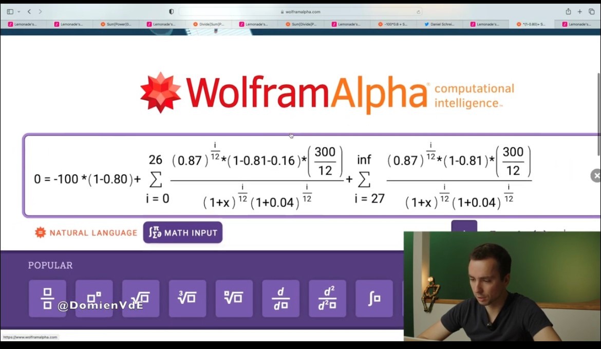 Screenshot from WolframAlpha website showing complex math equations