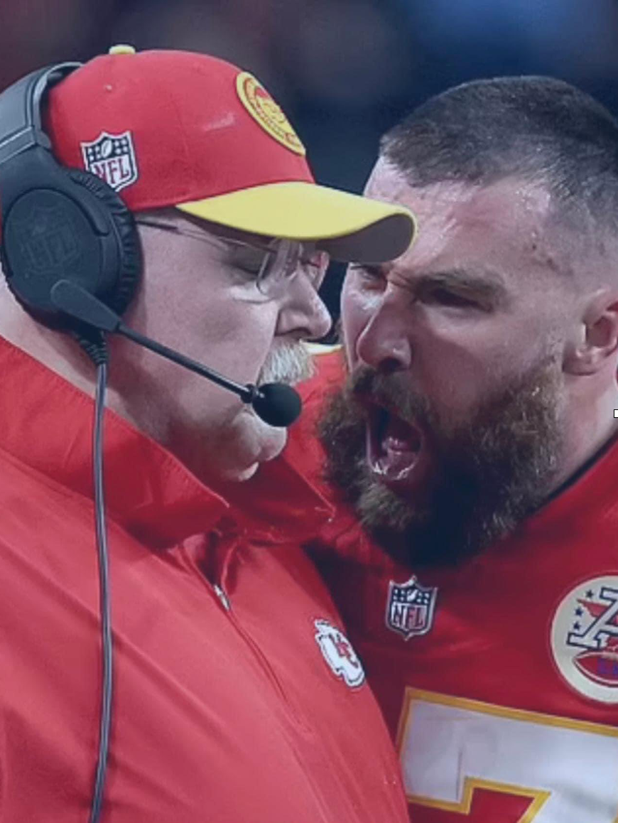 Close up image of Travis Kelce yelling in Andy Reid's face during the SuperBowl
