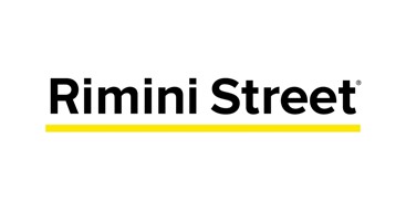 the rimini street logo consisting of black letters that read "rimini street" with a yellow line underneath