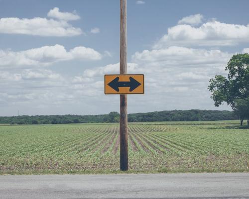 A yellow sign post that shows you can either go right or left on the road, all in front of a green field and blue and cloudy sky