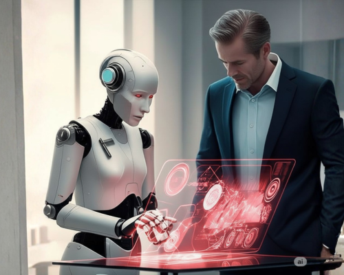 Robot and Human overlook hologram projection