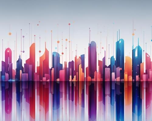 Graphic of a skyline where all the buildings are different colors and there are data points above the buildings