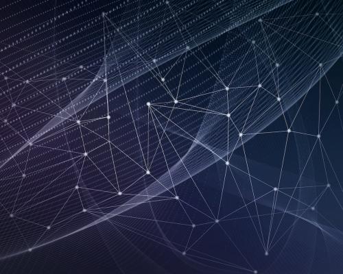 White frequency lines an dots across a gradient purple background