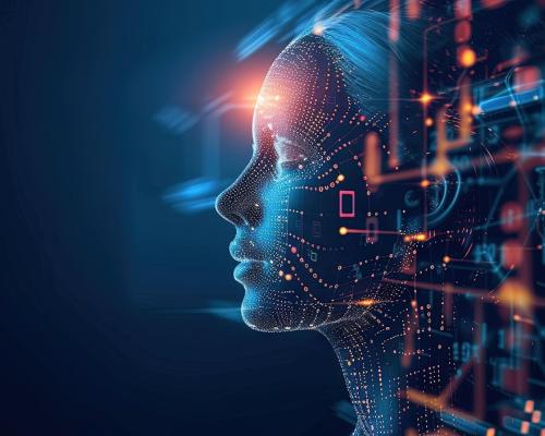 Side profile of an artificial intelligence face with data on the screen